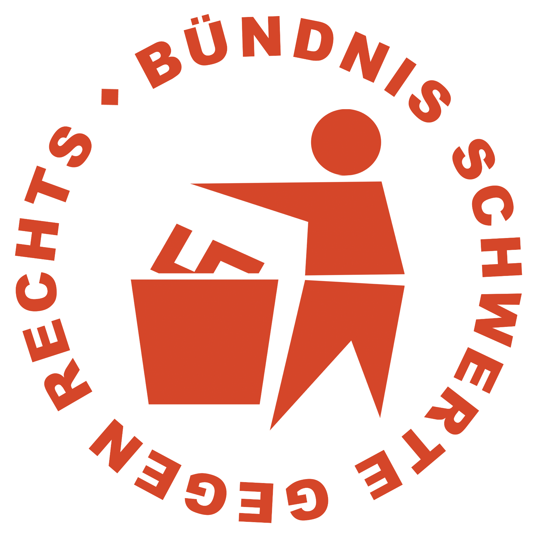 Das Logo von Schwerte gegen Rechts. Um eine Figur die ein Hakenkreuz in einem Müllleimer entsorgt, steht Bündnis Schwerte gegen Rechts.